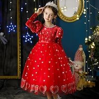 Kids Girls' Party Dress Solid Color Long Sleeve Performance Christmas Gifts Sequins Princess Beautiful Cotton Maxi Party Dress Fall Winter 3-10 Years Red Lightinthebox - thumbnail
