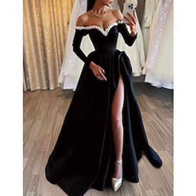 A-Line Evening Gown Black Dress Dress Formal Masquerade Sweep Brush Train Long Sleeve Off Shoulder Satin with Pearls Slit 2023 Lightinthebox A-Line Evening Gown Black Dress Dress Formal Masquerade Sweep Brush Train Long Sleeve Off Shoulder Satin with Pearls Slit 2023 Lightinthebox