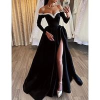 A-Line Evening Gown Black Dress Dress Formal Masquerade Sweep  Brush Train Long Sleeve Off Shoulder Satin with Pearls Slit 2023 Lightinthebox - thumbnail
