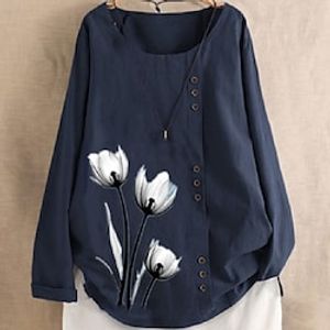 Women's Blouse Floral Graphic Daily Going out Weekend Blouse Long Sleeve Print Round Neck Casual Blue Yellow Navy Blue S miniinthebox