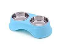 Double Dining Pet Feedrer With Stainless Steel Bowl & Non Slip Rubber Bottom blue For Cats And Dogs - 36.5X19X9