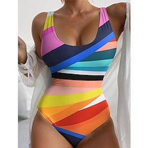 Women's Swimwear One Piece Normal Swimsuit Printing Color Block Purple Orange Bodysuit Bathing Suits Sports Beach Wear Holiday Lightinthebox