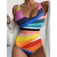Women's Swimwear One Piece Normal Swimsuit Printing Color Block Purple Orange Bodysuit Bathing Suits Sports Beach Wear Holiday Lightinthebox - thumbnail