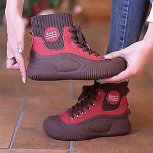 Women's Sneakers Boots Dad Shoes High Top Sneakers Daily Booties Ankle Boots Flat Heel Round Toe Casual Comfort Minimalism Running Walking PU Lace-up Elastic Band Solid Color Black Yellow Red miniinthebox