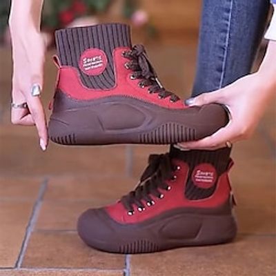 Women's Sneakers Boots Dad Shoes High Top Sneakers Daily Booties Ankle Boots Flat Heel Round Toe Casual Comfort Minimalism Running Walking PU Lace-up Elastic Band Solid Color Black Yellow Red miniinthebox