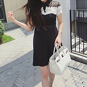 A-Line Color Block Cut Out Party Wear Cocktail Party Dress Shirt Collar Short Sleeve Short  Mini Lace with Bow(s) Lace Insert 2021 Lightinthebox