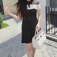 A-Line Color Block Cut Out Party Wear Cocktail Party Dress Shirt Collar Short Sleeve Short  Mini Lace with Bow(s) Lace Insert 2021 Lightinthebox - thumbnail