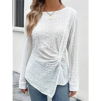 Women's Shirt Blouse Plain White Asymmetric Hem Long Sleeve Casual Fashion Round Neck Regular Fit Spring   Fall Lightinthebox