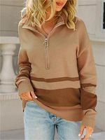 Women's Striped Contrast Zipper Lapel Casual Sweatshirt