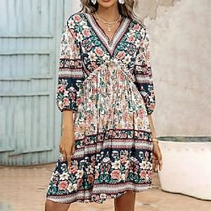 Women's A Line Dress Short Mini Dress Orange Beige 3/4 Length Sleeve Floral Print Fall Winter V Neck Stylish Boho 2022 S M L XL XXL 3XL miniinthebox