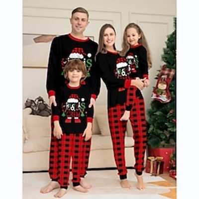 Family Christmas Pajamas Cotton Graphic Plaid Pajamas Cute Christmas Pajamas Home Print Red Long Sleeve Mommy And Me Outfits Active Matching Outfits Lightinthebox