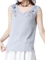 Casual Women Embroidery V-Neck Sleeveless Tank Tops