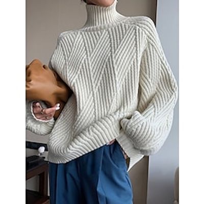 Women's Pullover Sweater Jumper Turtleneck Cable Knit Polyester Knitted Fall Winter Regular Outdoor Daily Going out Stylish Casual Soft Long Sleeve Solid Color Black White S M L miniinthebox