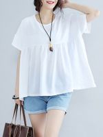 Loose Women Solid Short Sleeve O-Neck Ruffled Pullover T-Shirt