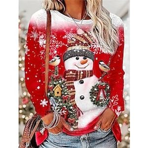 Women's T shirt Tee Christmas Shirt Red Green Gray Snowman Snowflake Print Long Sleeve Party Christmas Weekend Festival  Holiday Round Neck Regular Fit Painting Spring   Fall Lightinthebox