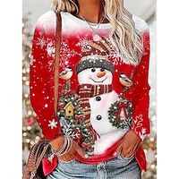Women's T shirt Tee Christmas Shirt Red Green Gray Snowman Snowflake Print Long Sleeve Party Christmas Weekend Festival  Holiday Round Neck Regular Fit Painting Spring   Fall Lightinthebox - thumbnail