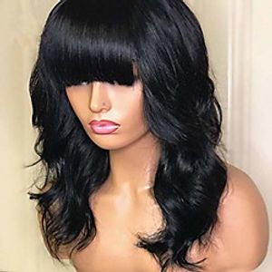 natural black synthetic wigs with bangs natural looking wavy style full machine made replacement wig for daily use and party (18 inch, natural black) miniinthebox