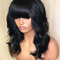 natural black synthetic wigs with bangs natural looking wavy style full machine made replacement wig for daily use and party (18 inch, natural black) miniinthebox - thumbnail