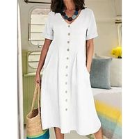 Women's White Dress Casual Dress Cotton Linen Dress Midi Dress Linen Cotton Blend Basic Modern Daily Weekend V Neck Button Pocket Short Sleeve Summer Spring Loose Fit ArmyGreen Black White Plain S M Lightinthebox