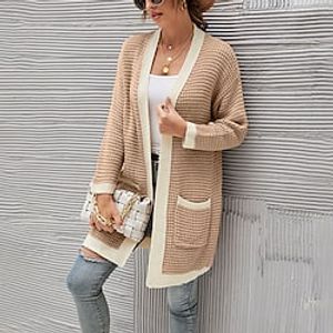 Women's Cardigan Sweater Jumper Ribbed Knit Knitted Color Block V Neck Stylish Casual Daily Holiday Fall Winter Green White S M L / Long Sleeve miniinthebox