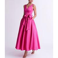 A-Line Cocktail Dresses Elegant Dress Wedding Guest Kentucky Derby Tea Length Sleeveless V Neck Pocket Satin with Bow(s) 2024 Lightinthebox