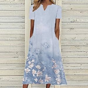 Women's A Line Dress Midi Dress Blue Black Short Sleeve Floral Pocket Print Spring Summer V Neck Casual Vacation 2022 S M L XL XXL 3XL Lightinthebox