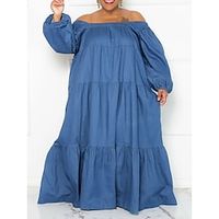 Women's Plus Size Casual Dress Denim Dress Swing Dress Solid Color Long Dress Maxi Dress Long Sleeve Ruched Ruffle Off Shoulder Classic Daily Black Navy Blue Winter Fall L XL 3XL 4XL Lightinthebox - thumbnail