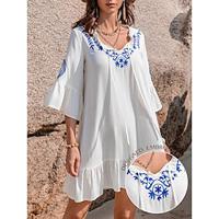 Women's White Dress Smock Dress Mini Dress Cotton Tie Front Embroidery Boho Bell Sleeve V Neck 3/4 Length Sleeve Summer White Lightinthebox