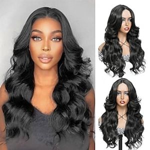 Long Black Wig with Layered Curtain Bangs Long Wavy Synthetic Wigs for Black Women 24 Inches Middle Parting Long Layered Wigs for Women Cosplay Halloween Party Daily Use Lightinthebox