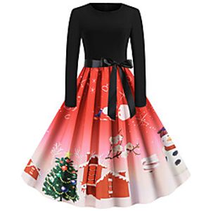 Women's A Line Dress Knee Length Dress Blue Purple Gray Black Red Long Sleeve Print Color Gradient Bow Print Fall Winter Round Neck Casual Vintage Christmas 2021 S M L XL XXL miniinthebox