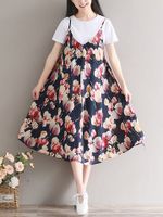 Women Floral Print Cami Dress With O-neck Short Sleeve T-shit Suit
