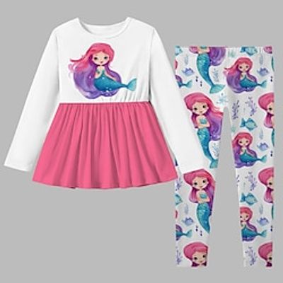 Girls' 3D Mermaid T-shirt  Legging Ruffle Dress Set Long Sleeve 3D Print Fall Winter Active Fashion Daily Polyester Kids 3-12 Years Crew Neck Outdoor Date Vacation Regular Fit Lightinthebox