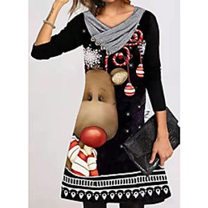 Women's A Line Dress Knee Length Dress Light Red Khaki Green White Black Red Brown Long Sleeve Print Print Fall V Neck Elegant Christmas 2021 S M L XL XXL 3XL miniinthebox