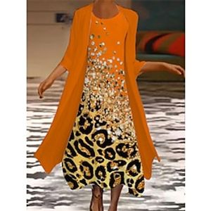 Women's Two Piece Dress Set Casual Dress Print Dress Outdoor Daily Fashion Casual Print Long Dress Maxi Dress Crew Neck 34 Length Sleeve Leopard Color Block Regular Fit Orange Summer Spring S M L XL Lightinthebox