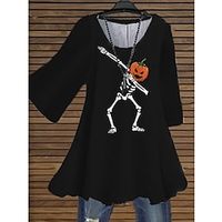 Women's Plus Size Tops Blouse Shirt Skull Pumpkin Print 3/4 Length Sleeve Crewneck Casual Halloween Halloween Daily Cotton Spandex Jersey Fall Winter Gray White miniinthebox - thumbnail