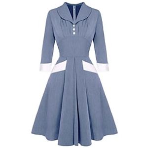 Women's Swing Dress Knee Length Dress Blue 34 Length Sleeve Color Block Ruched Patchwork Button Spring Summer V Neck Stylish 2022 S M L XL XXL Lightinthebox