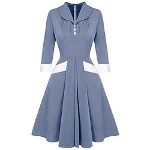 Women's Swing Dress Knee Length Dress Blue 34 Length Sleeve Color Block Ruched Patchwork Button Spring Summer V Neck Stylish 2022 S M L XL XXL Lightinthebox