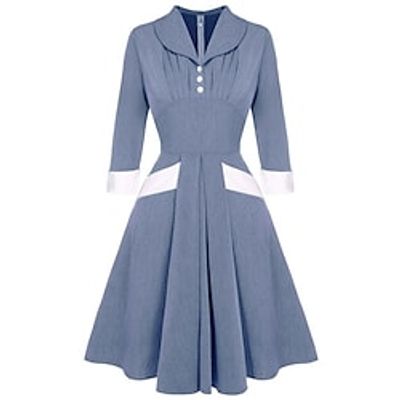 Women's Swing Dress Knee Length Dress Blue 34 Length Sleeve Color Block Ruched Patchwork Button Spring Summer V Neck Stylish 2022 S M L XL XXL Lightinthebox