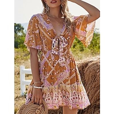 Women's Casual Dress A Line Dress Summer Dress Floral Tribal Lace up Print V Neck Mini Dress Active Fashion Daily Holiday Short Sleeve Loose Fit Orange Summer Spring S M L XL miniinthebox