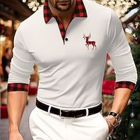 Men's Button Up Polos Polo Shirt Casual Sports Lapel Long Sleeve Fashion Basic Plaid Elk Button Spring   Fall Regular Fit Black White Red Green Button Up Polos miniinthebox - thumbnail