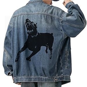 Animal Dog Casual Men's Coat Denim Jacket Sports  Outdoor Going out Weekend Fall  Winter Turndown Long Sleeve Blue M L XL Denim Jacket Lightinthebox