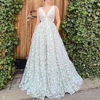 A-Line Evening Gown Floral Dress Wedding Sweep  Brush Train Sleeveless V Neck Tulle with Strappy 2023 Lightinthebox - thumbnail