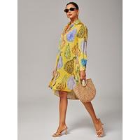 Women's Shirt Dress Casual V Neck Asymmetrical Hem Split Design Pumpkin Print Yellow