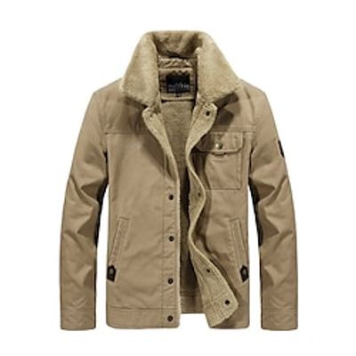Men's Fleece Jacket Cargo Jacket Sherpa Jacket Outdoor Daily Wear Warm Fall Winter Plain Fashion Streetwear Lapel Regular Khaki Army Green Dark Blue Jacket Lightinthebox