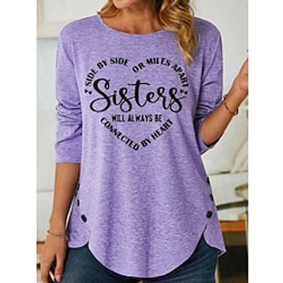 Women's T shirt Tee White Pink Blue Heart Letter Print Long Sleeve Daily Weekend Fashion Round Neck Regular Fit Painting Spring   Fall miniinthebox