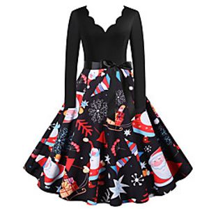 Women's A Line Dress Knee Length Dress Blue Wine Light Red Fuchsia Gray White Black Red Navy Blue Long Sleeve Print Bow Print Fall Winter V Neck Casual Vintage Christmas 2021 S M L XL XXL 3XL Lightinthebox