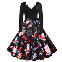 Women's A Line Dress Knee Length Dress Blue Wine Light Red Fuchsia Gray White Black Red Navy Blue Long Sleeve Print Bow Print Fall Winter V Neck Casual Vintage Christmas 2021 S M L XL XXL 3XL Lightinthebox - thumbnail