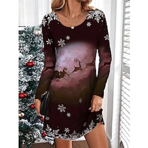 Women's Christmas Dress Winter Dress Reindeer Snowflake Print V Neck Mini Dress Ugly Fashion Outdoor Christmas Long Sleeve Loose Fit Burgundy Blue Green Fall Winter S M L XL XXL Lightinthebox