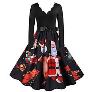 Women's A Line Dress Knee Length Dress Blue Purple Yellow Wine Fuchsia Green White Black Red Light Green Long Sleeve Print Animal Print Fall Winter V Neck Casual Vintage Christmas Halloween 2021 S M miniinthebox