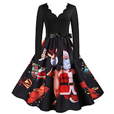 Women's A Line Dress Knee Length Dress Blue Purple Yellow Wine Fuchsia Green White Black Red Light Green Long Sleeve Print Animal Print Fall Winter V Neck Casual Vintage Christmas Halloween 2021 S M miniinthebox